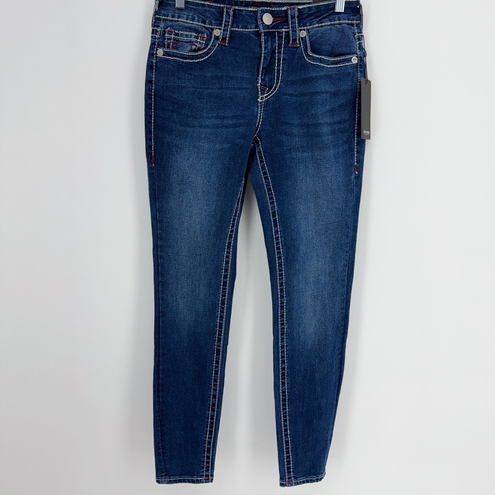 True Religion Jennie Mid Rustic Barn Wash Skinny Jeans Womens Size 28 Red Stitch